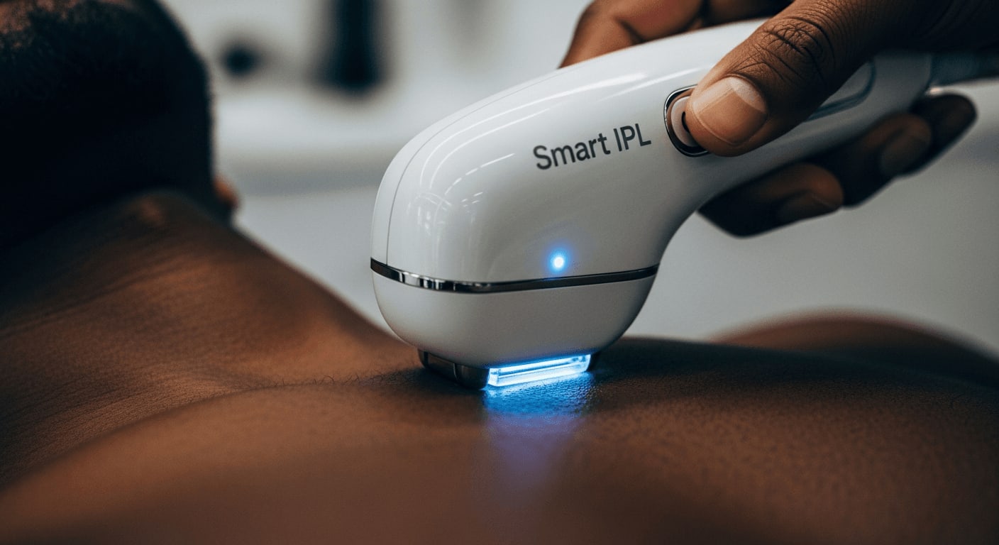 Modernes IPL-Gerät mit leuchtendem Hauttonsensor auf dunkler Haut zur sicheren Anwendung