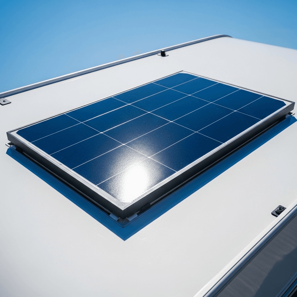 Hinterlüftete Festmontage eines Solarmoduls auf dem Camper bei starker Hitze und UV-Strahlung im Solar-Camping Test.