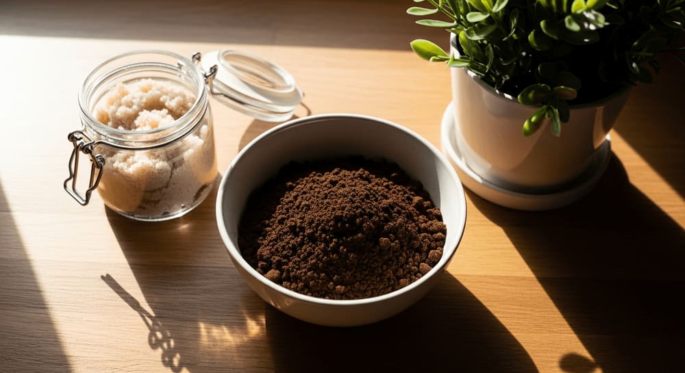 5 kreative Ideen für Kaffeesatz: Kaffeesatz in Schale, selbstgemachtes Peeling im Glas und eine Zimmerpflanze auf Holz.