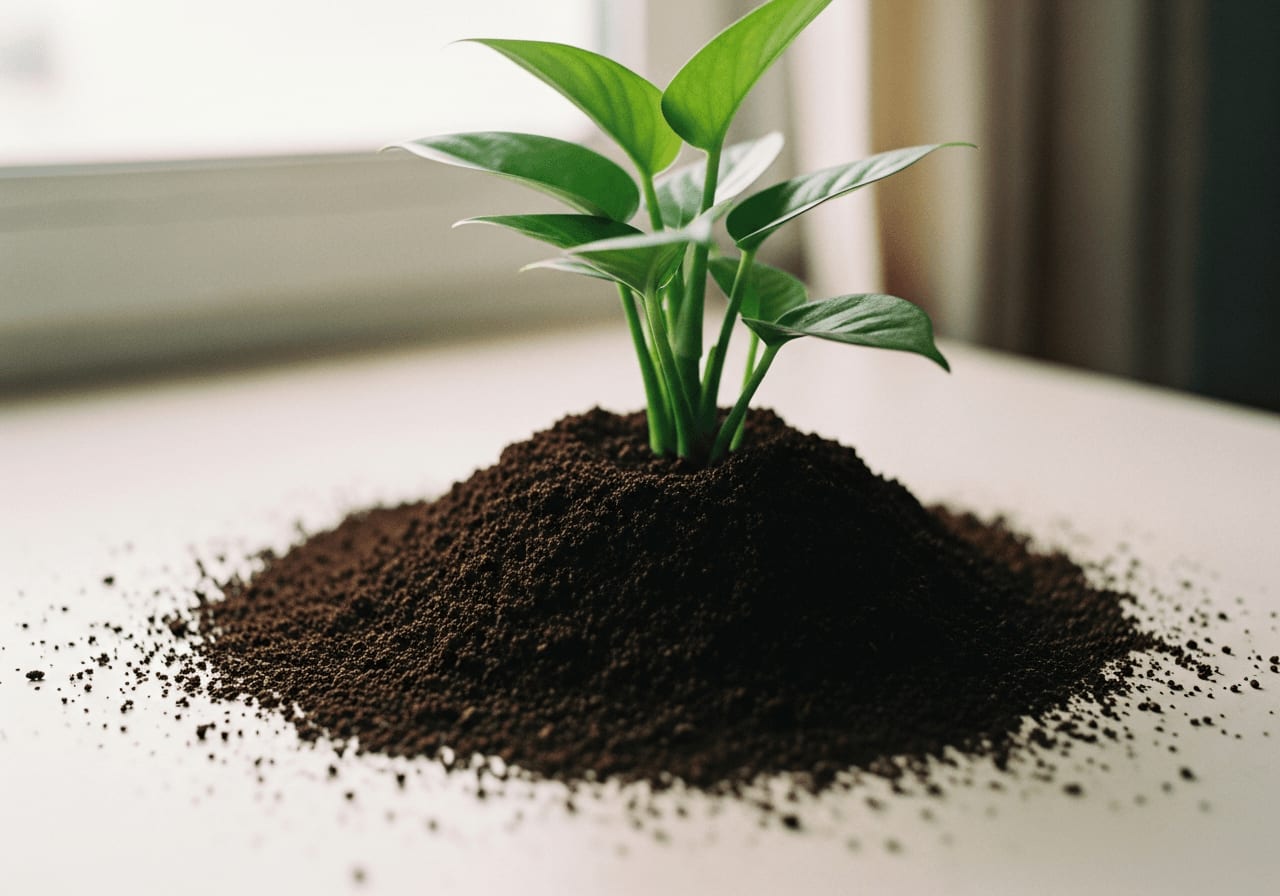 Kaffeesatz als Dünger nutzen: Dunkler Kaffeesatz ist auf der Blumenerde rund um eine kleine grüne Zimmerpflanze verteilt.