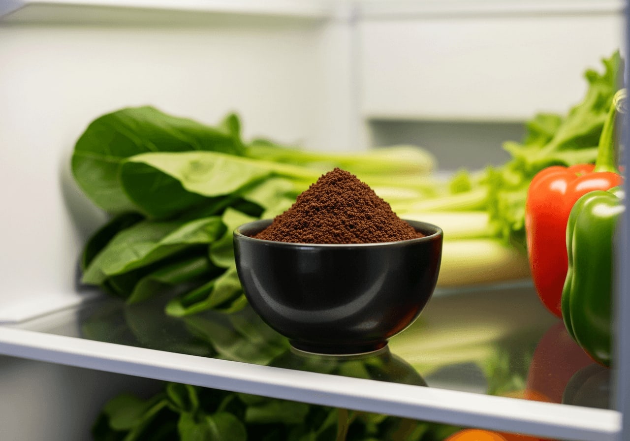 Kaffeesatz als Geruchskiller: Eine kleine Keramikschale mit Kaffeepulver steht auf einer Glasablage im hellen Kühlschrank.