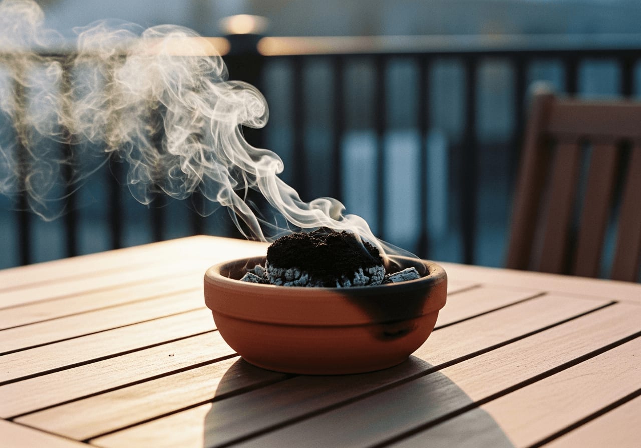 Kaffee-Resteverwertung gegen Insekten: Leichter Rauch steigt aus glimmendem Kaffeesatz in einer Terrakotta-Schale auf.