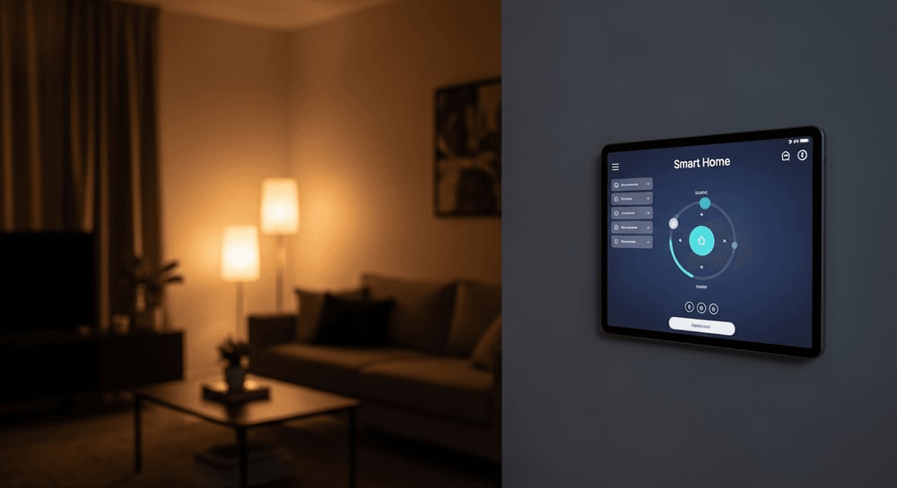 Wandmontiertes Tablet zeigt ein responsives Home Assistant Dashboard zur Smart-Home-Steuerung im gemütlichen Wohnzimmer.