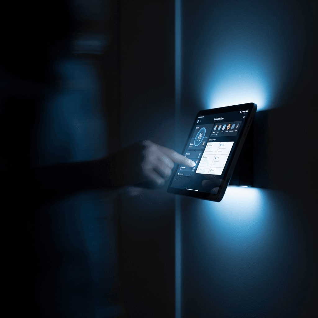 Wand-Tablet mit Home Assistant Dashboard, dessen Display durch Bewegungserkennung im dunklen Flur automatisch aufwacht.