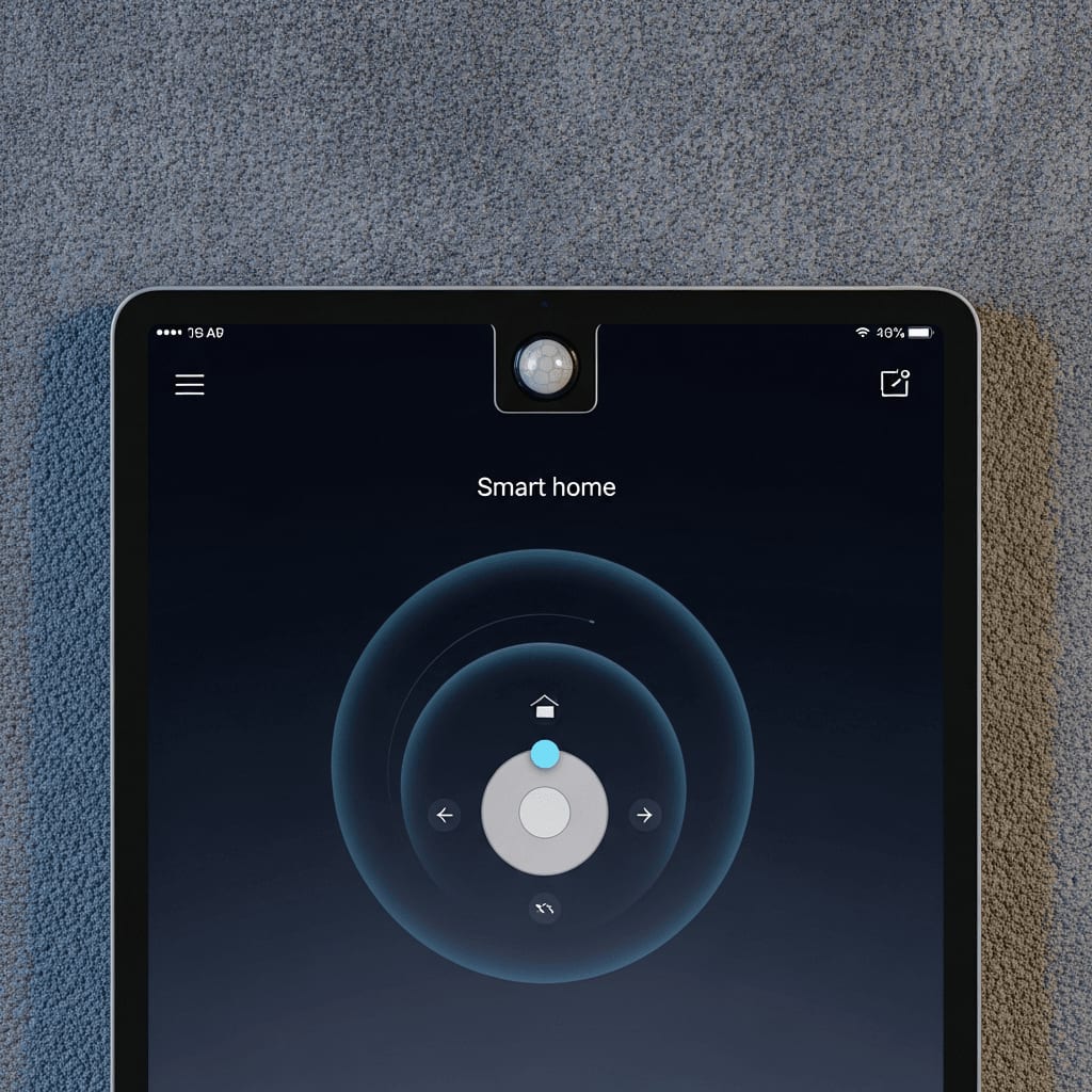 Nahaufnahme eines Tablets an der Wand, dessen Frontkamera als smarter Sensor für das Home Assistant Dashboard genutzt wird.