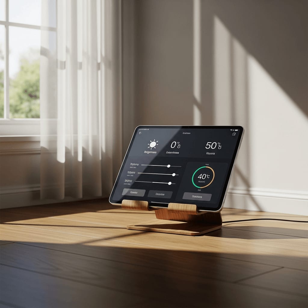 Tablet auf einem Ständer im Wohnzimmer zeigt das Home Assistant Dashboard mit Helligkeitssteuerung und Temperaturregelung.