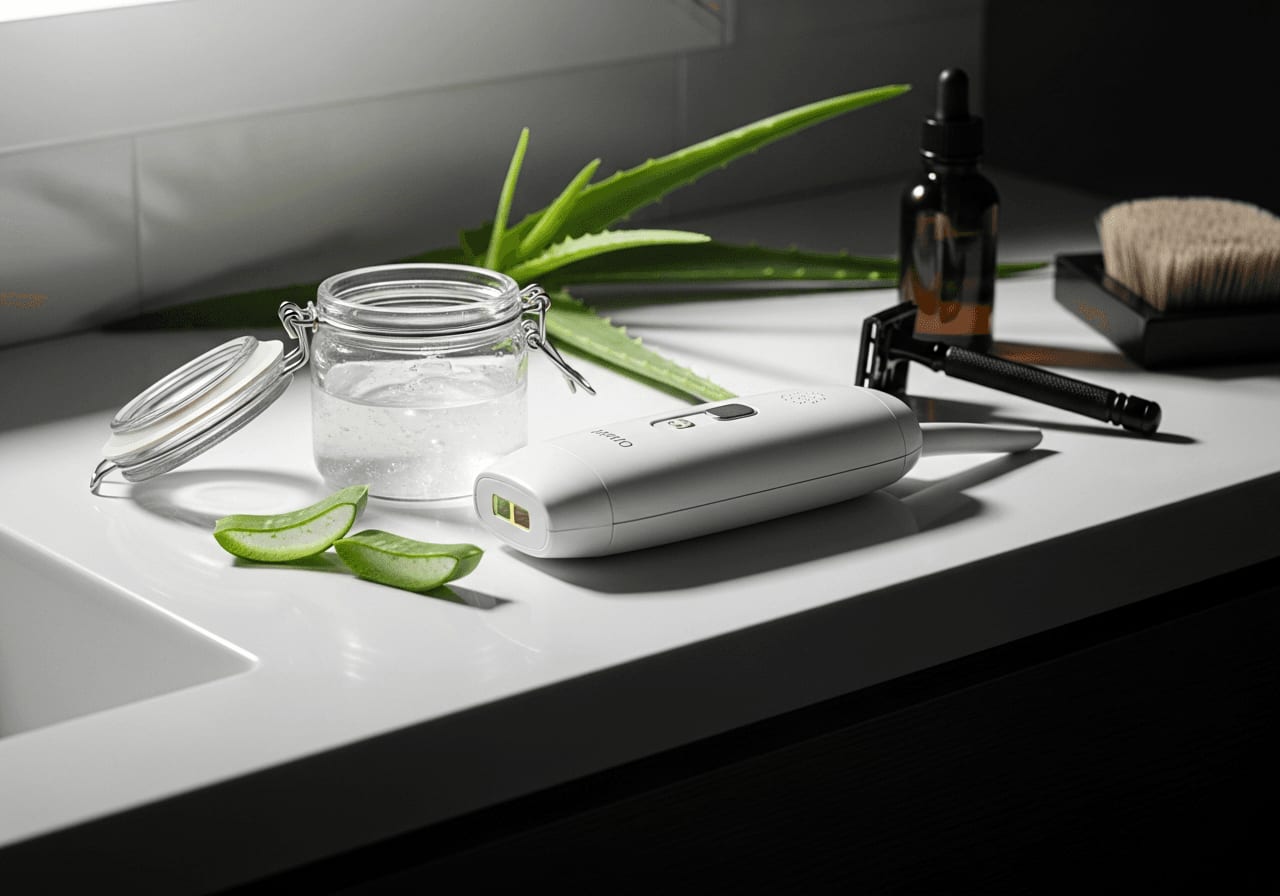 IPL Gerät Nebenwirkungen vermeiden: Weißes IPL-Gerät neben kühlendem Aloe-Vera-Gel auf einer sauberen Badezimmerablage.
