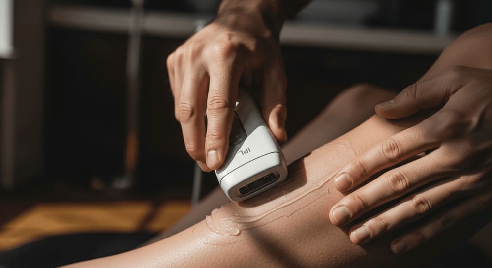 Sichere Anwendung zur Vermeidung von IPL Gerät Nebenwirkungen: Modernes IPL-Gerät auf der Haut mit kühlendem Schutzgel.