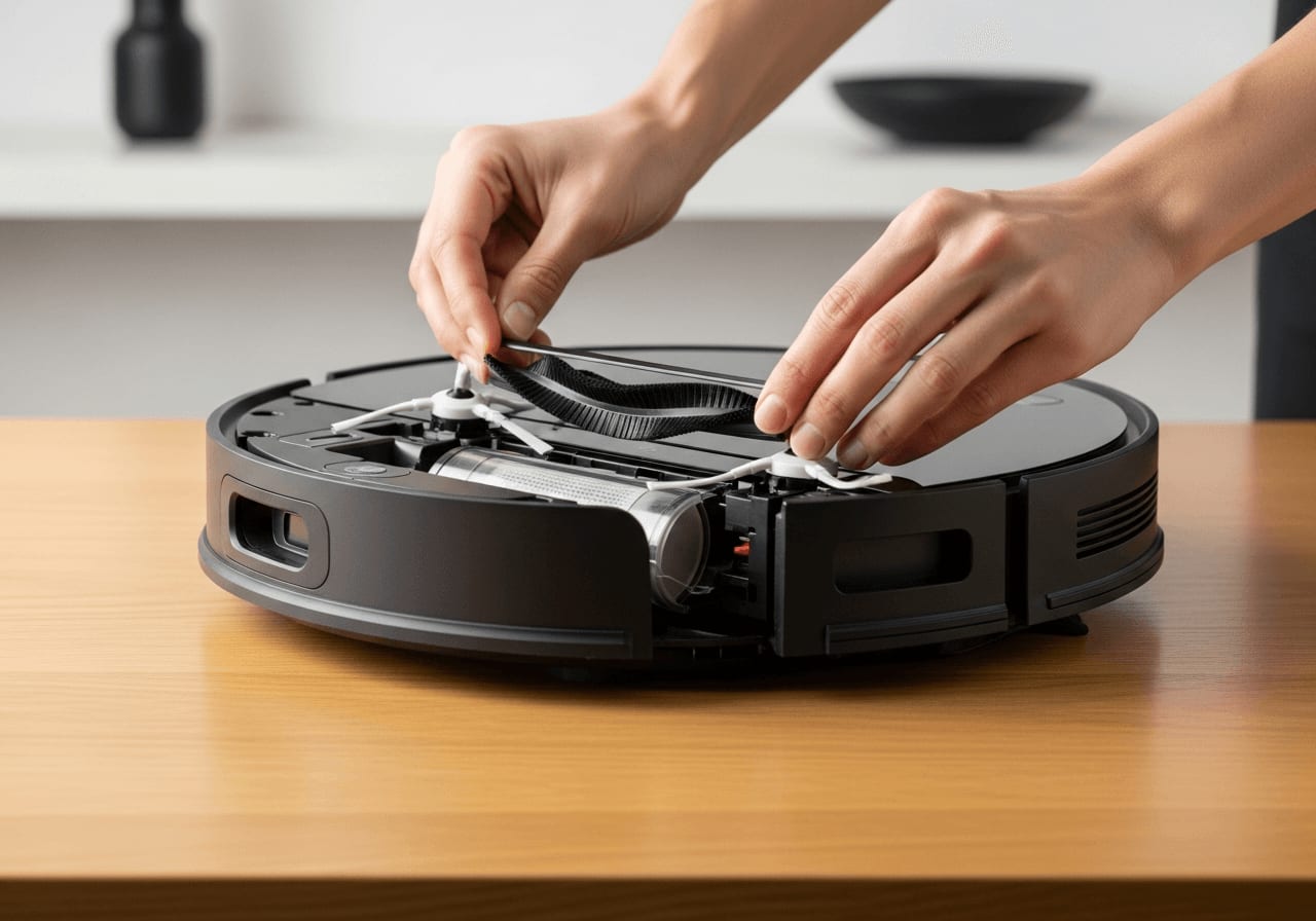 Saugroboter Wartung Checkliste: Hände entfernen die Hauptbürste eines umgedrehten Roboterstaubsaugers auf einem Holztisch.