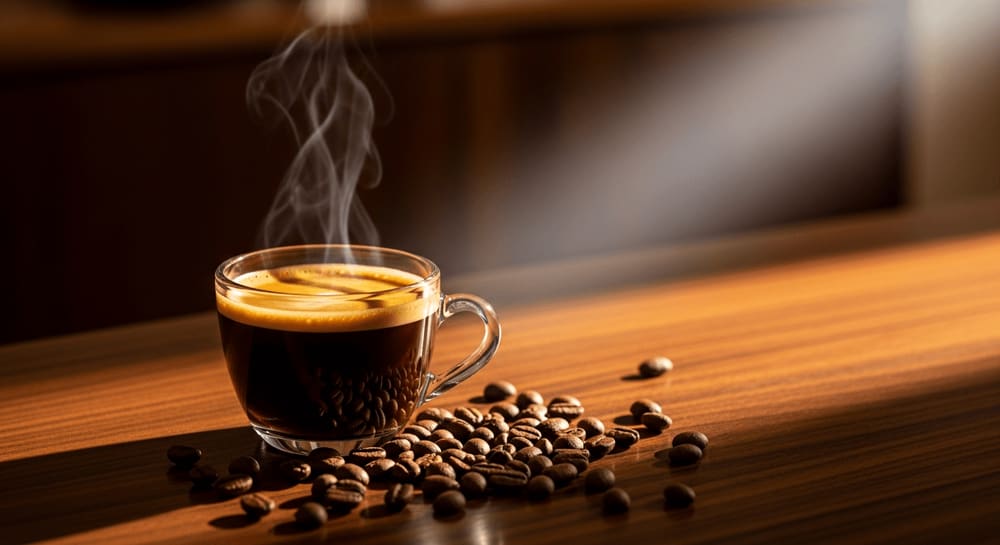 Frisch gebrühter Decaf Kaffee mit goldener Crema in einer Espressotasse auf einem dunklen Holztresen für besten Genuss.