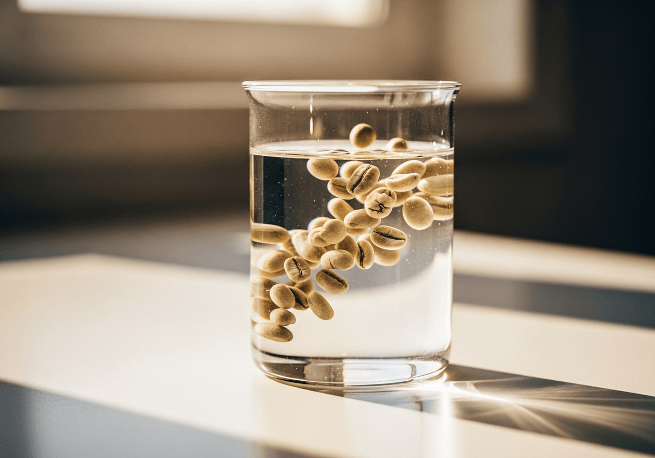 Schonende Entkoffeinierung von Decaf Kaffee: Grüne Kaffeebohnen in einem Glasgefäß mit Wasser für den Wasser Prozess.