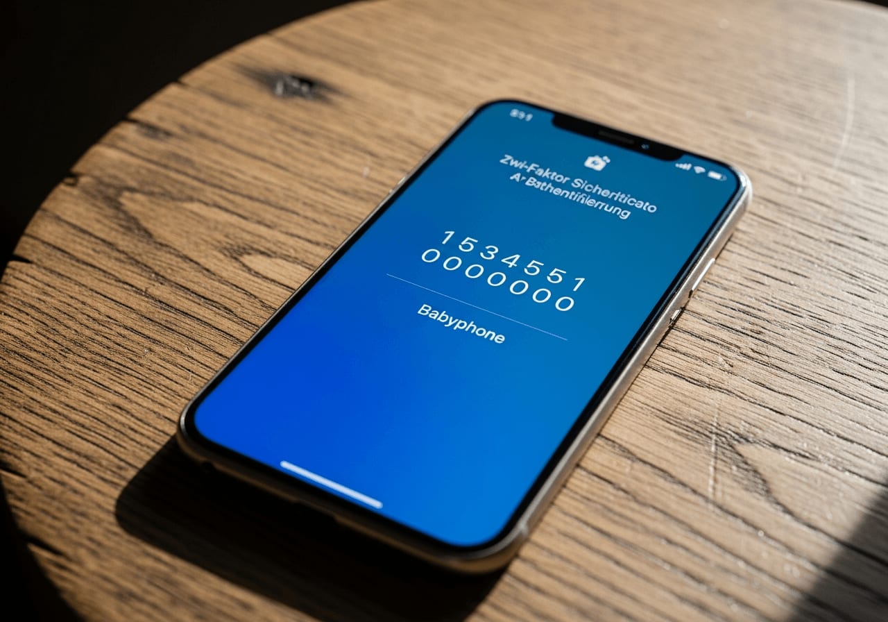 Smartphone auf einem Holztisch mit angezeigtem Sicherheitscode für die Zwei-Faktor-Authentifizierung der Babyphone-App. | Foto: Unsplash