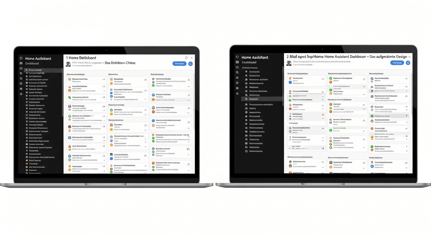 Laptop-Bildschirm zeigt Home Assistant Dashboard Konfiguration: unübersichtliches Entitäten-Chaos vs. aufgeräumtes Design.