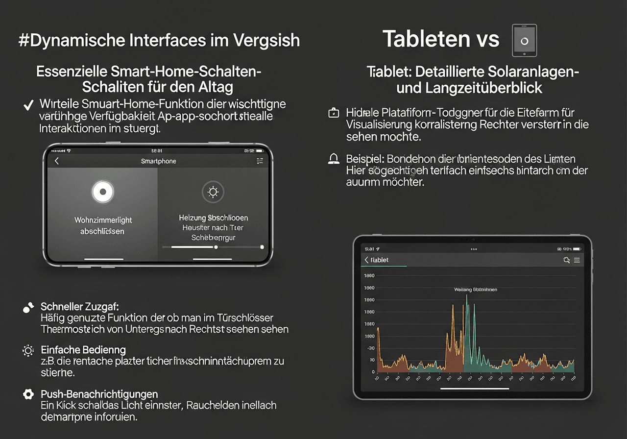 Dynamische Interfaces im Vergleich: Smartphone mit essenziellen Smart-Home-Schaltern neben Tablet mit Solaranlagen-Graphen.