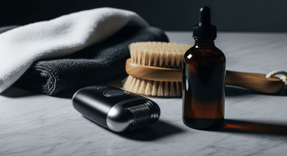 Epilierer, Trockenbürste und BHA-Peeling auf Marmor zur effektiven Behandlung und Prävention eingewachsener Haare