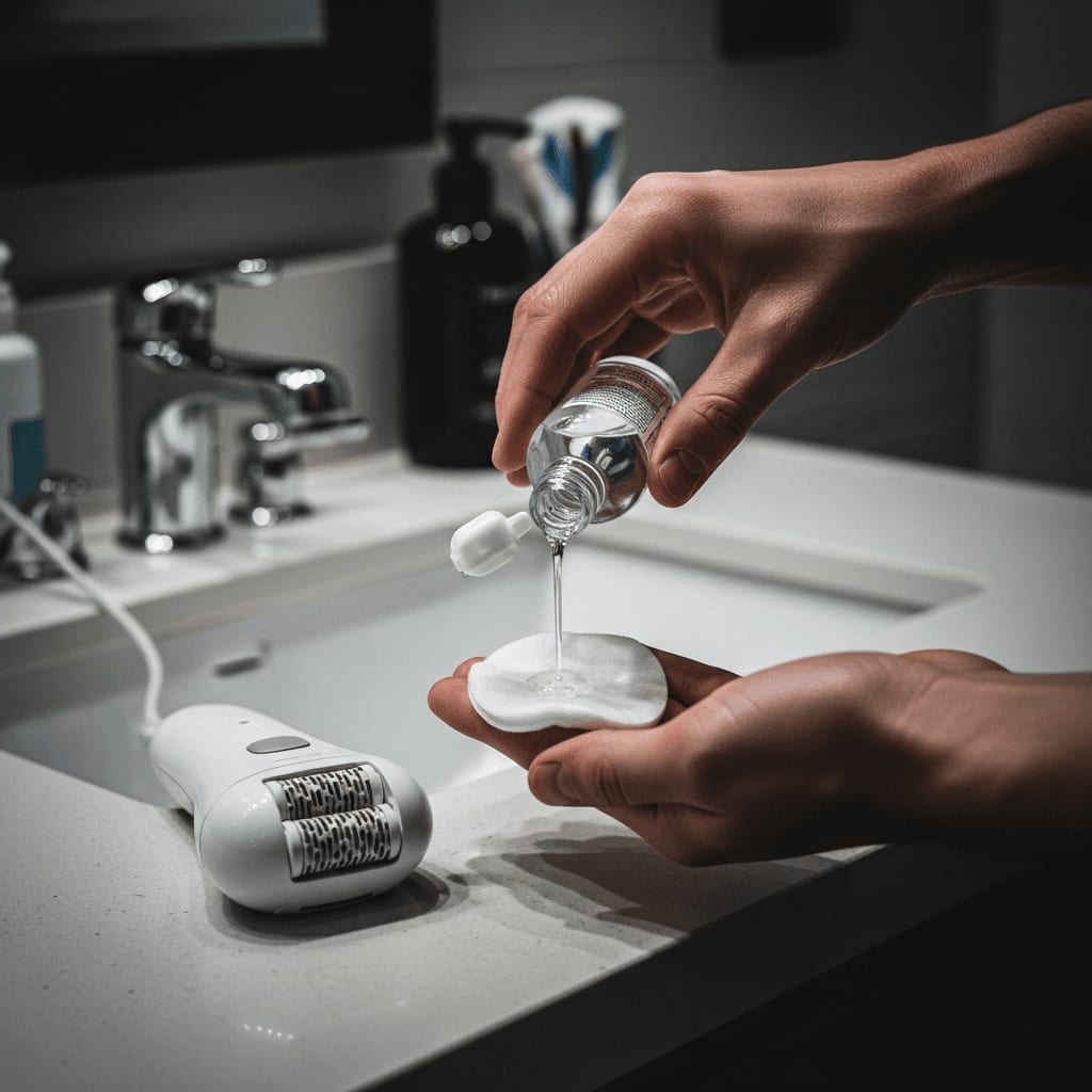 Reinigung des Epilierkopfes mit Alkohol auf einem Wattepad zur hygienischen Haarentfernung