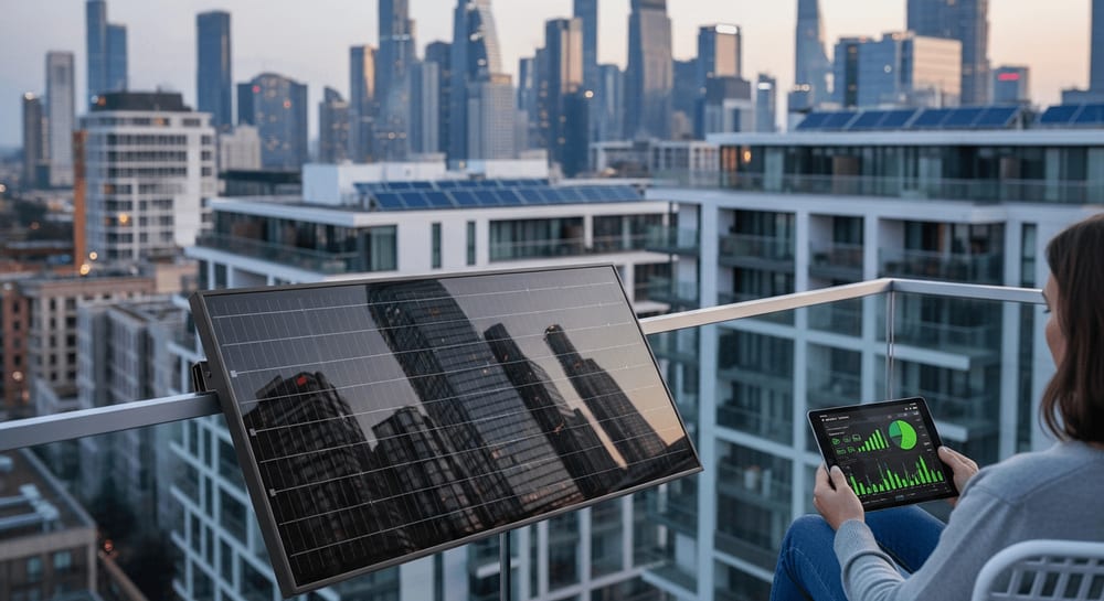 Mieter auf dem Balkon mit Energie-App vor einem montierten Balkonkraftwerk, um das Recht auf Sonnenstrom durchzusetzen.