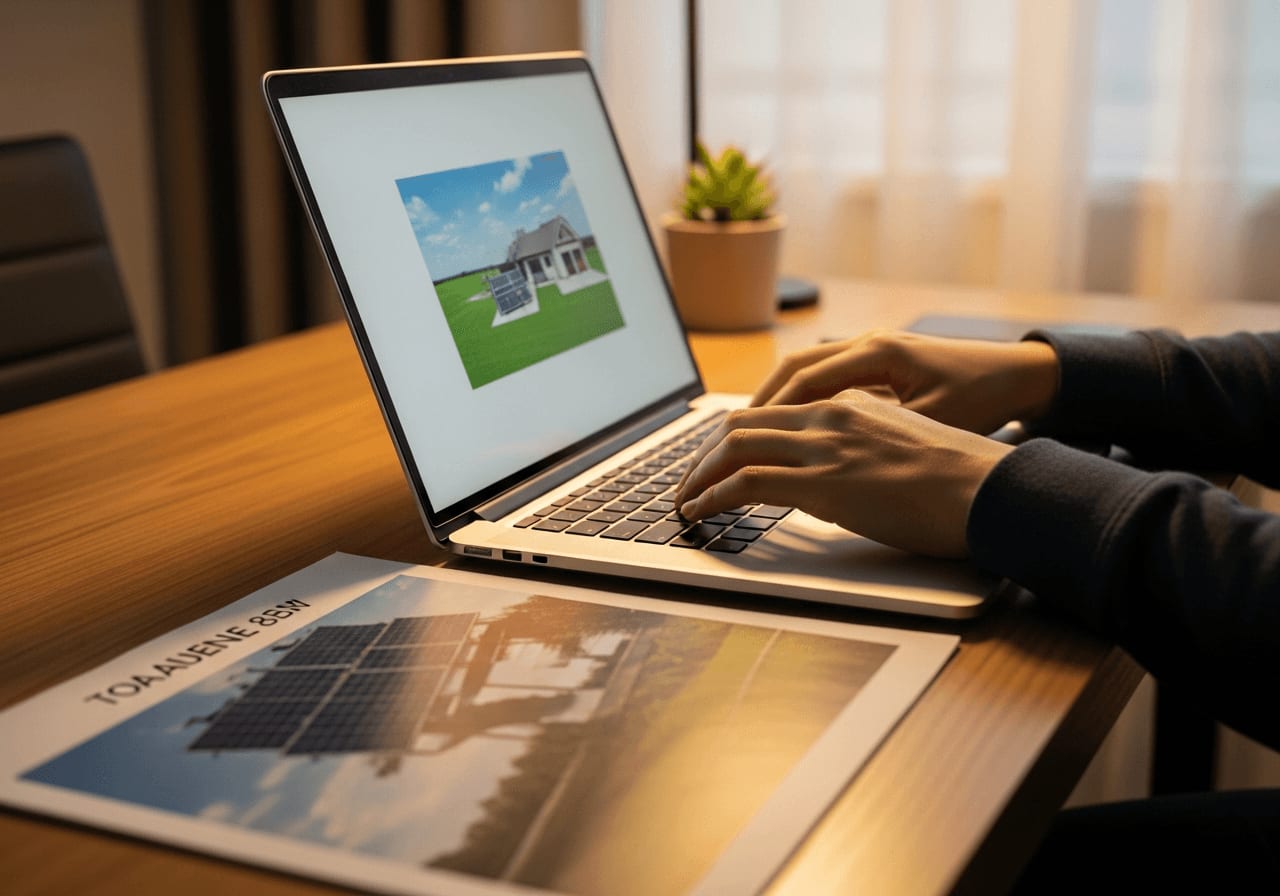 Hände tippen ein formelles Schreiben an den Vermieter am Laptop, um das Balkonkraftwerk im Mietrecht 2026 anzumelden.