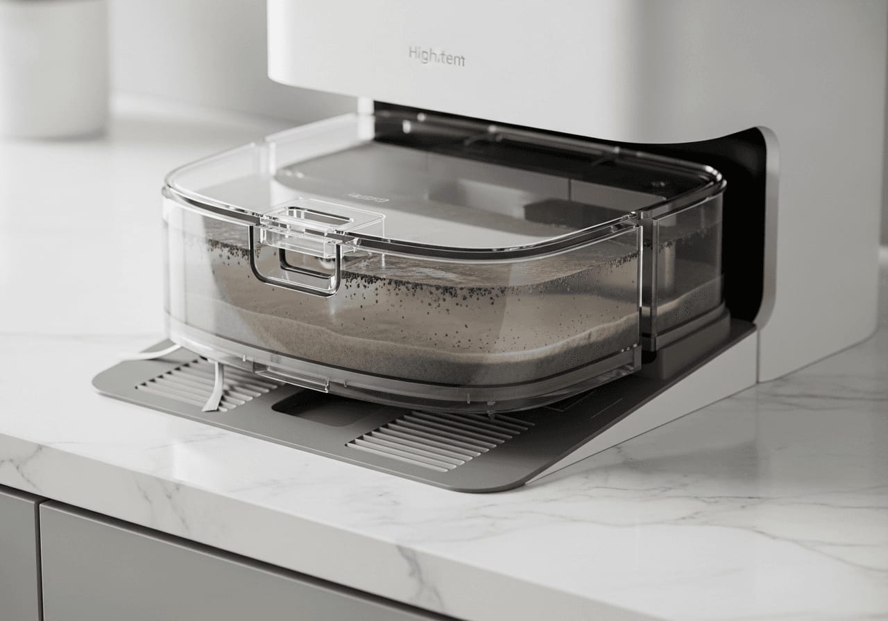 Ursache für Gerüche: Ein transparenter Schmutzwassertank eines Saugroboters mit sichtbarem Biofilm und Schlamm am Boden.