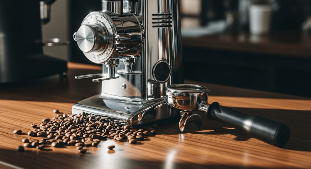 Professionelle Kaffeemühle mit Mahlgrad-Skala neben gerösteten Kaffeebohnen und Siebträger auf dunklem Nussholz