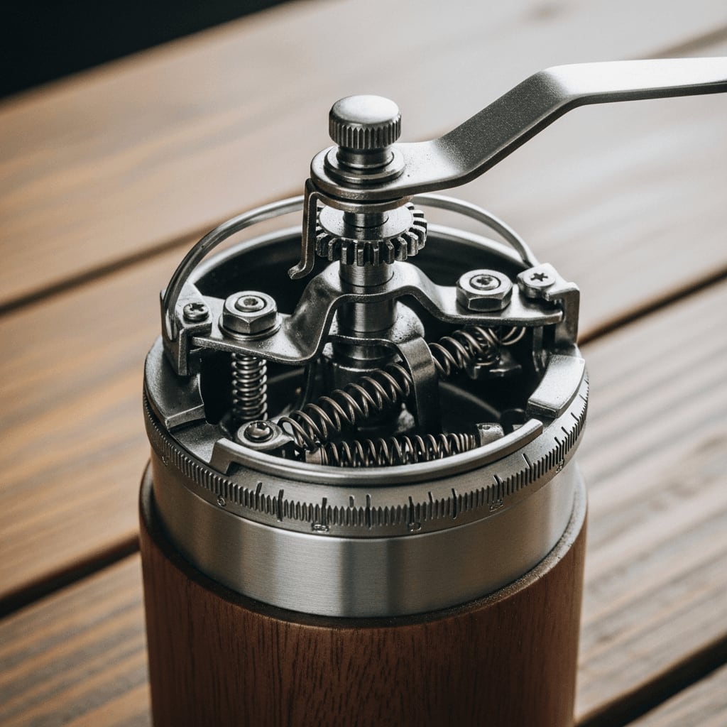 Interner Klick-Mechanismus zur Einstellung der Mahlgrad-Skala einer manuellen Handkaffeemühle auf einem Holztisch