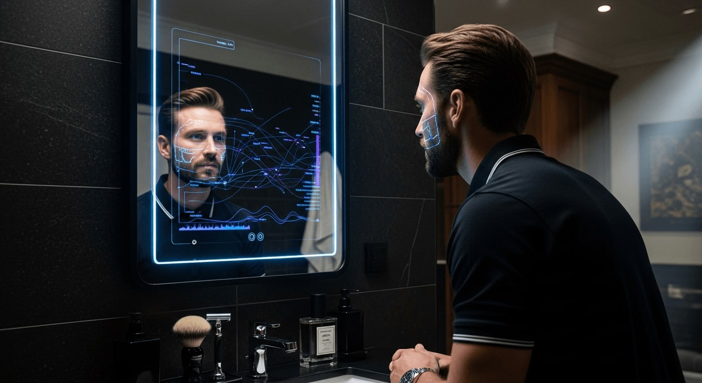 Nahaufnahme eines Smart-Spiegels mit biometrischen Hautdaten, der die Innovationen der BeautyTECH auf der Messe 2025 zeigt.