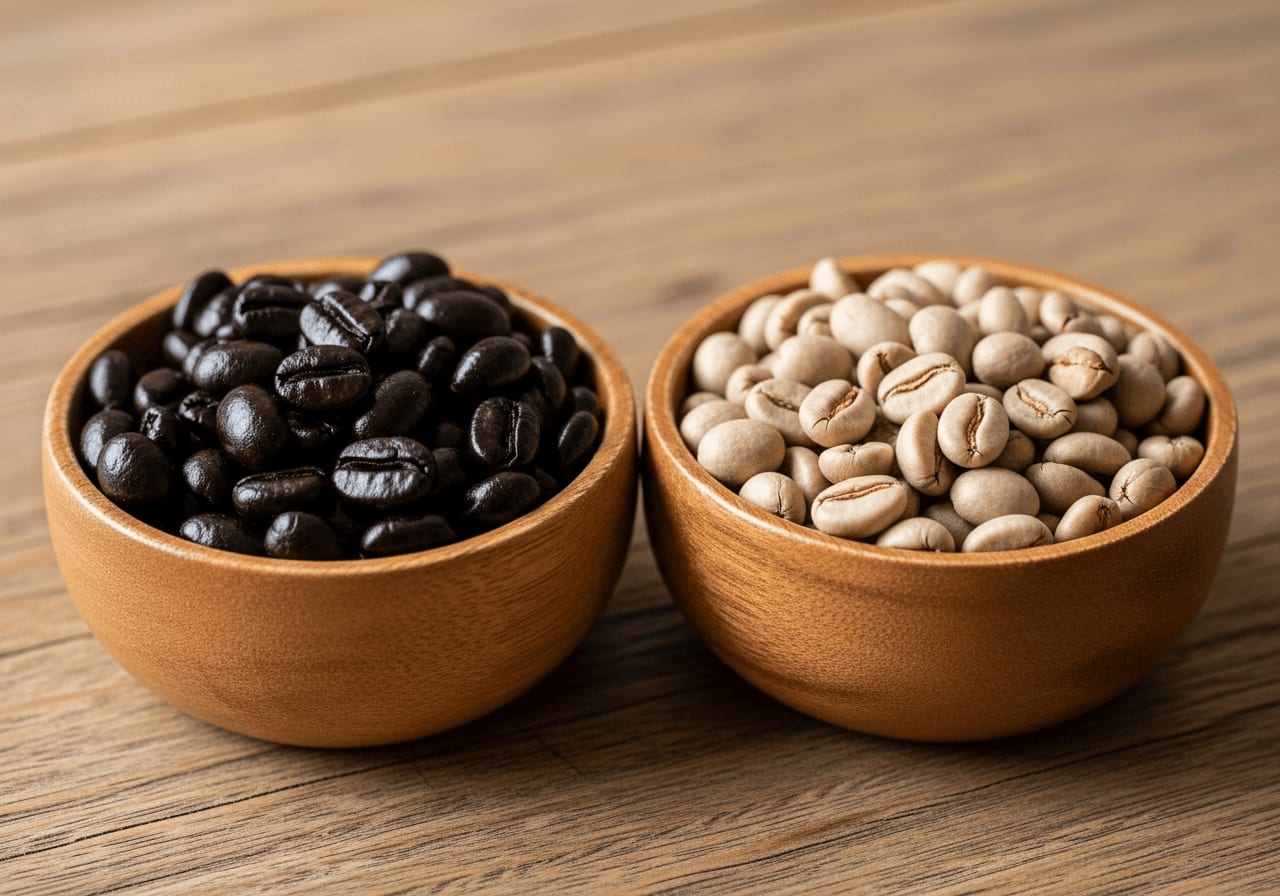Espresso vs. Filterkaffee Röstung: Dunkle Espressobohnen und helle Filterbohnen im direkten Vergleich in kleinen Holzschalen