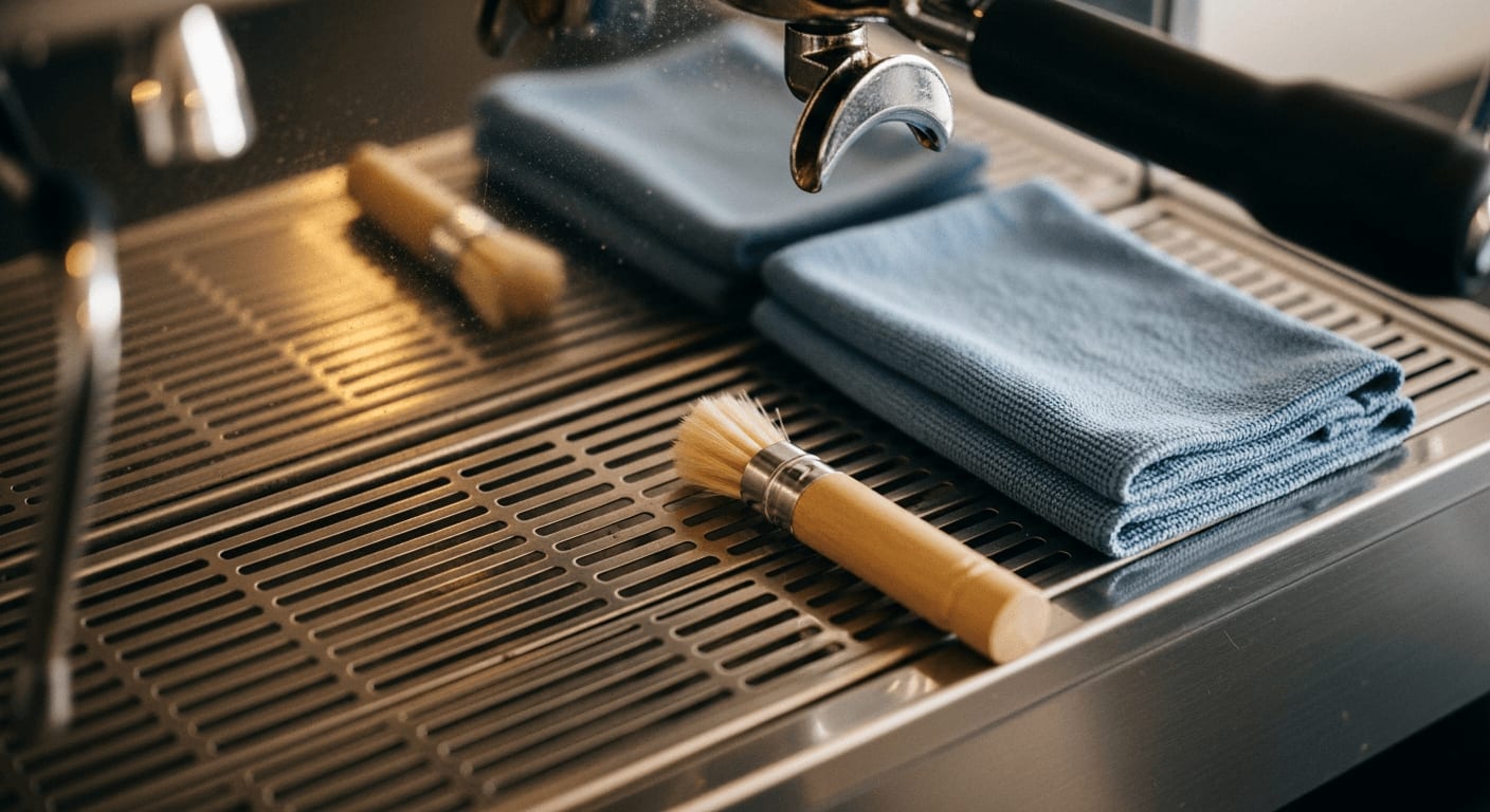 Blitzblanke Abtropfschale neben Pinsel und Tuch als Start für die tägliche 5-Minuten-Reinigung der Kaffeestation.
