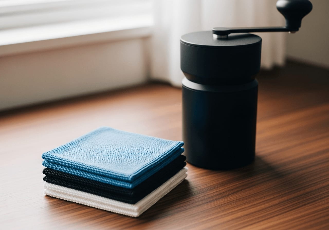 Mikrofasertücher in Blau, Schwarz und Weiß neben einer Kaffeemühle erleichtern den Workflow für die saubere Kaffeestation.