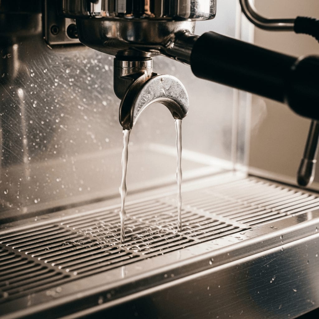 Zischendes Wasser entweicht in die Abtropfschale beim Druckabbau des Ventils nach dem Backflush der Kaffeestation.