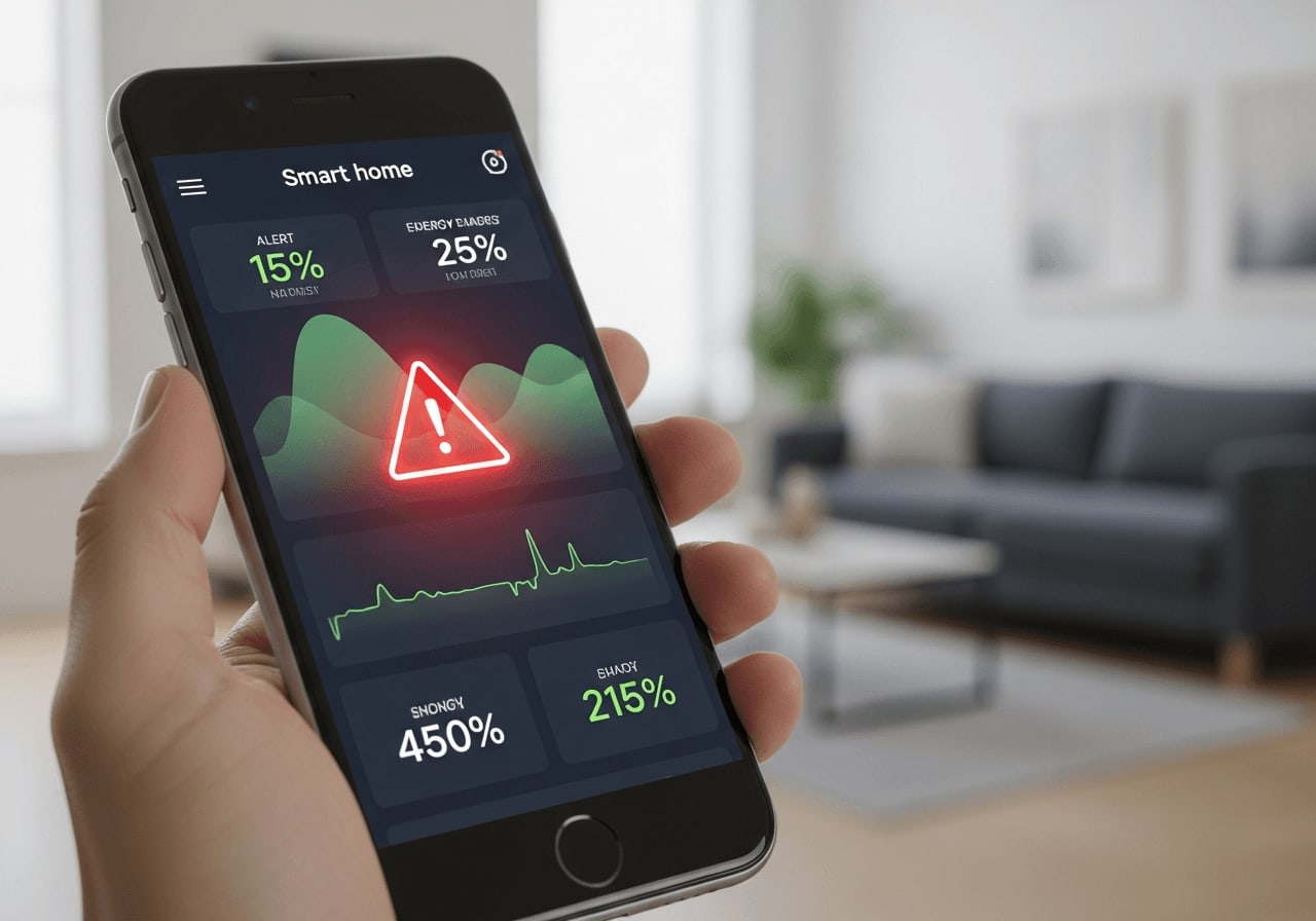 Smartphone-App zeigt ein rotes Warnsymbol an, wenn die Netz-Spannung zu hoch ist und die PV-Anlage keinen Strom produziert.