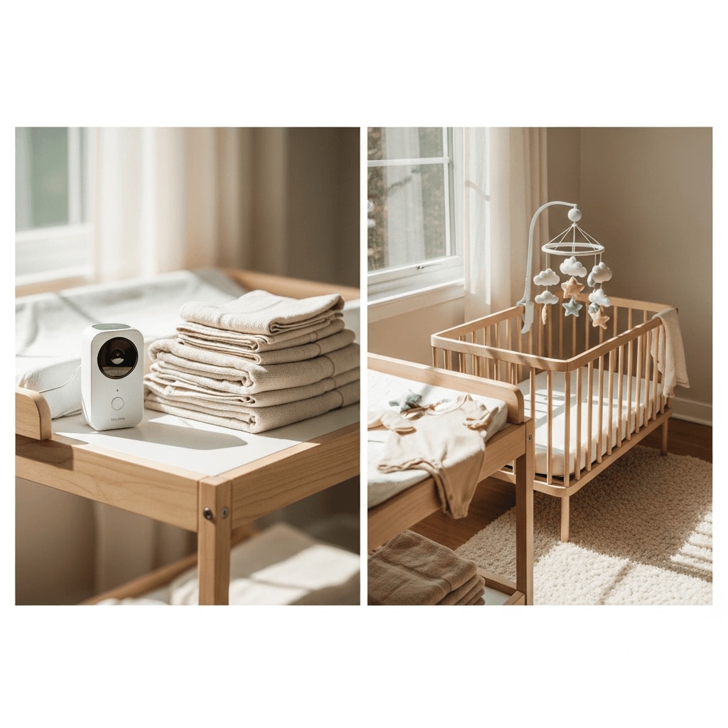 Minimalistisches Audio-Babyphone auf einer hölzernen Wickelkommode neben gefalteten Handtüchern im Babyphone Vergleich 2026.