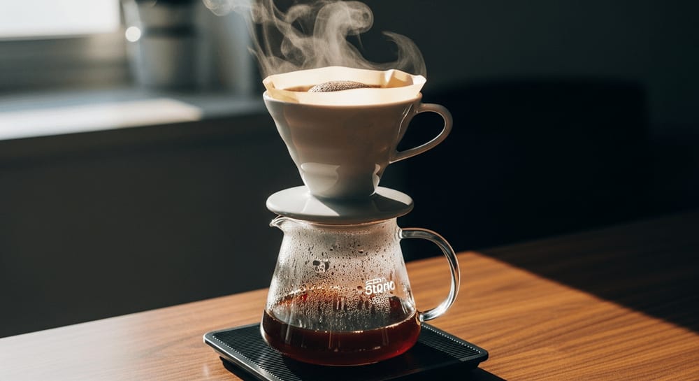 Frisch gebrühter Filterkaffee tropft aus einem Hario V60 Dripper in eine Glaskanne auf einer dunklen Holzarbeitsplatte.
