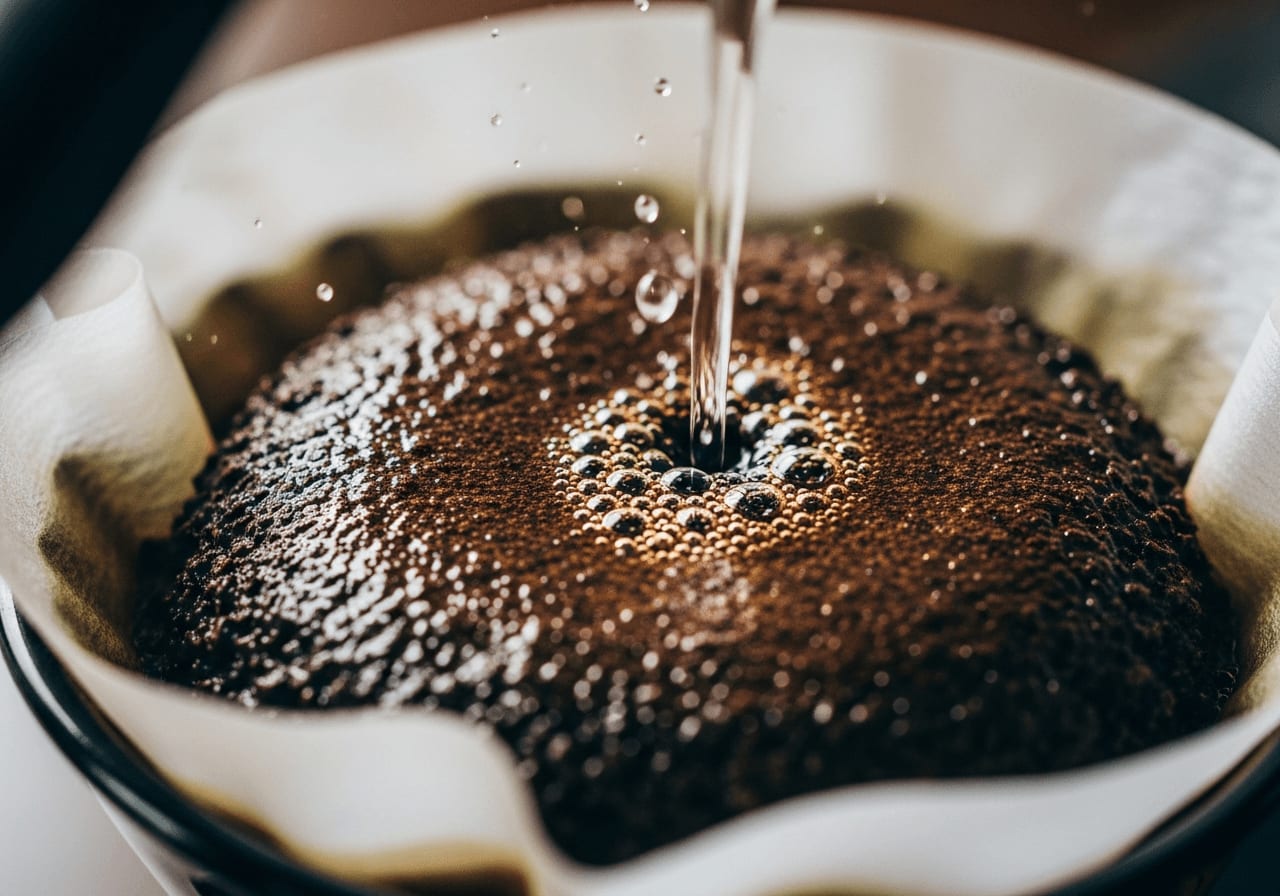 Nahaufnahme der Bloom-Phase beim Hario V60: Heißes Wasser trifft auf Kaffeepulver und bildet kleine Bläschen.