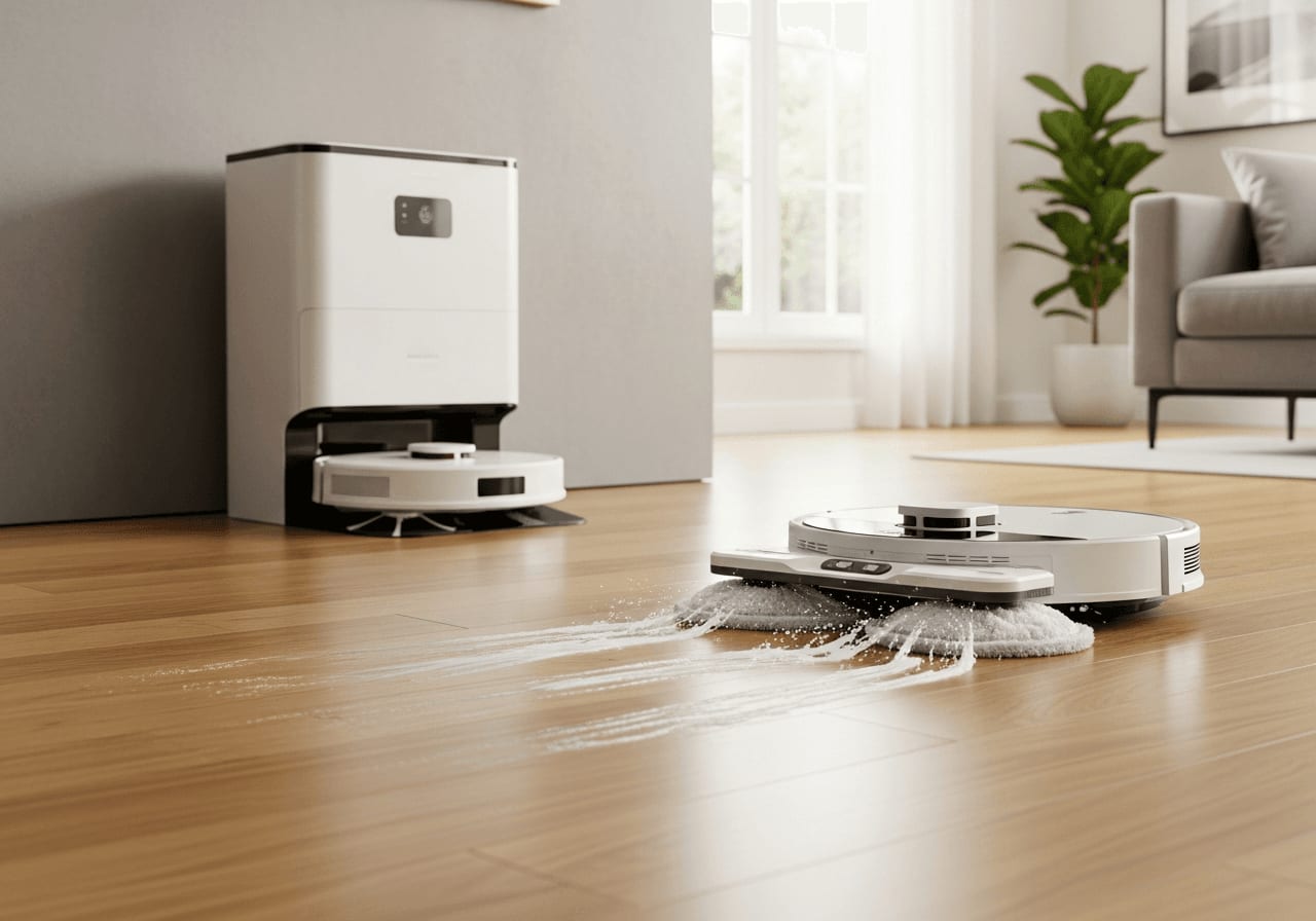 Moderner Saugroboter mit Wischfunktion reinigt einen Hartholzboden neben einer multifunktionalen Basisstation im Wohnzimmer.