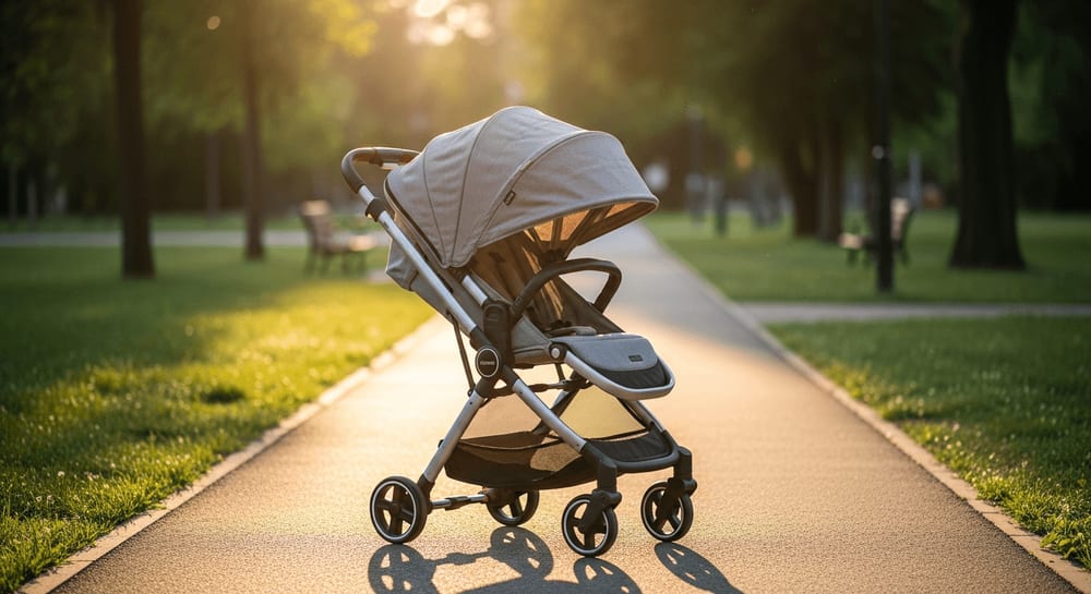 Leichter Kinderwagen unter 8 kg mit großem Sonnenverdeck auf einem sonnigen Pflasterweg in einem grünen Stadtpark