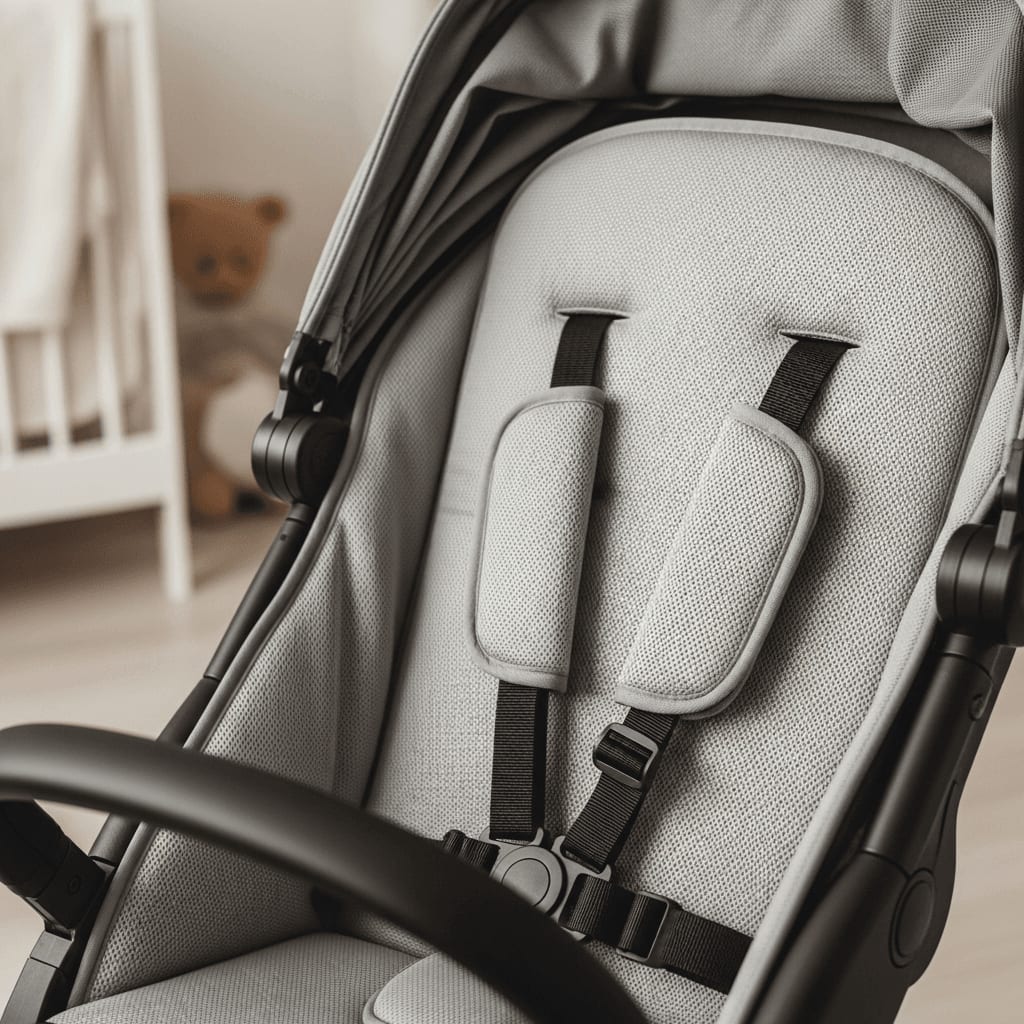 Atmungsaktive Mesh-Rückenlehne und gepolstertes Gurtsystem bei einem leichten Kinderwagen unter 8 kg im Test