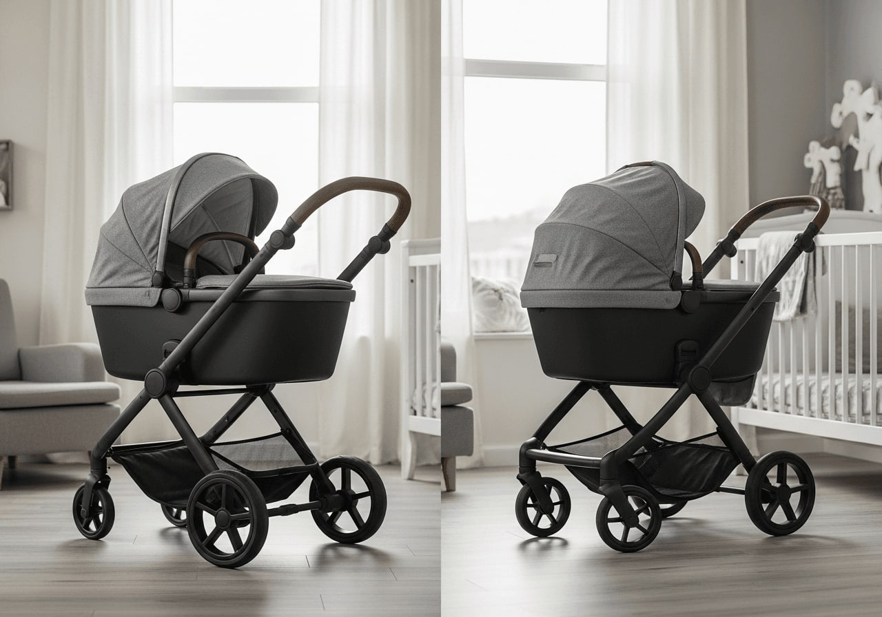 Schmaler leichter Kinderwagen unter 8 kg perfekt positioniert in einem engen Supermarktgang zwischen bunten Regalen