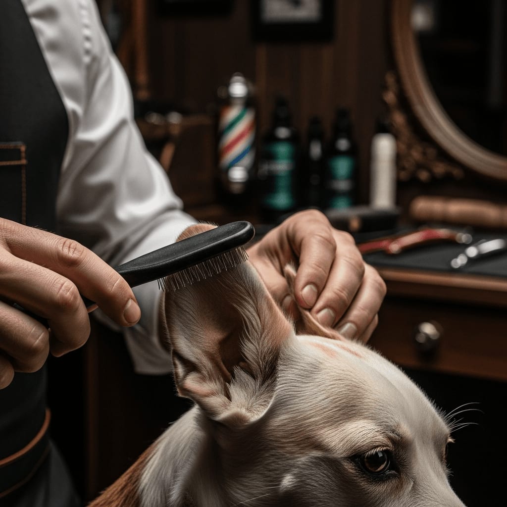 Kritische Zonen bei der Fellpflege zu Hause: Behutsames Kämmen und Entwirren der Haare an den Hundeohren.
