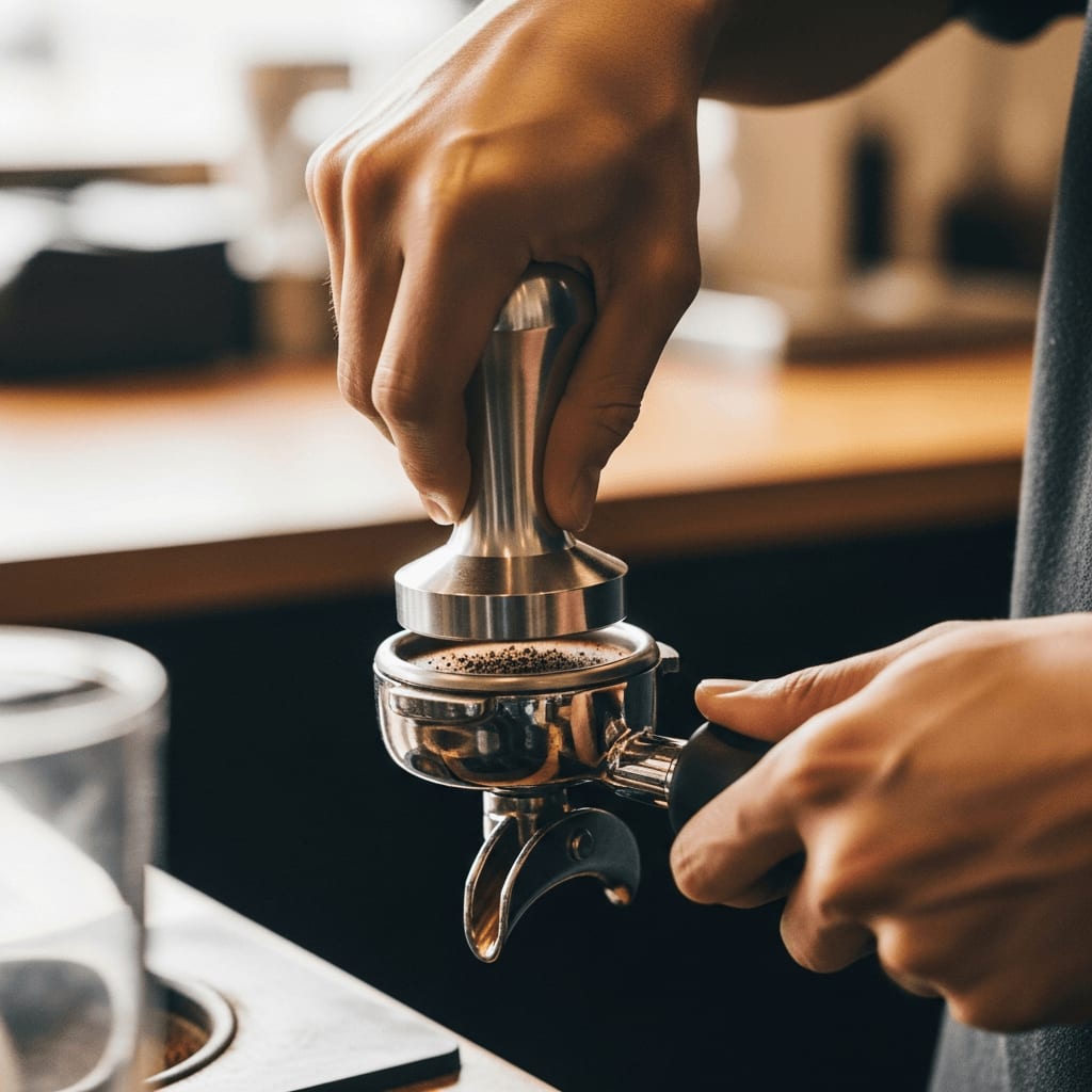 Barista tampt das Kaffeemehl mit geradem Druck für eine perfekte Espresso Puck Prep ohne Channeling-Gefahr
