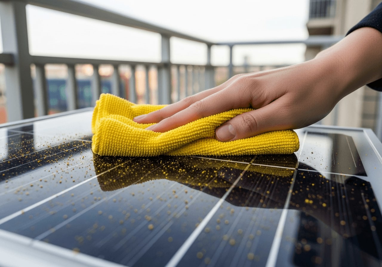Balkonkraftwerk Reinigung mit einem Mikrofasertuch. Ein staubiges Solarmodul wird schonend von gelben Pollen befreit.