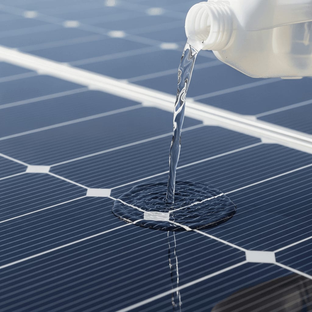 Kalkfreies destilliertes Wasser wird bei der Balkonkraftwerk Reinigung über die Glasoberfläche des Solarmoduls gegossen.