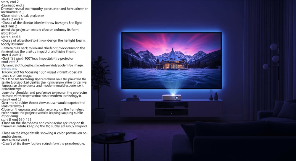 Ultrakurzdistanz-Beamer im modernen Wohnzimmer projiziert ein riesiges Heimkino-Bild auf eine rahmenlose Leinwand.