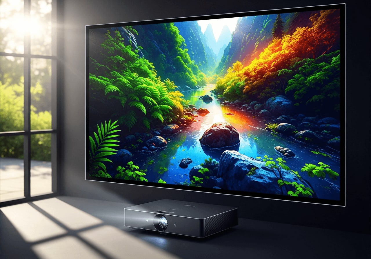 Kontrastreiche ALR-Leinwand für Laser-TVs zeigt ein leuchtendes Bild trotz hellem Tageslicht im Wohnzimmer.