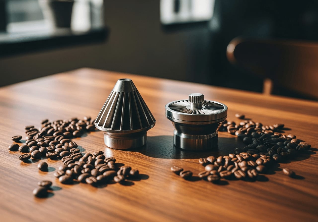 Kaffeemühle kaufen: Vergleich zwischen einem Kegelmahlwerk und einem Scheibenmahlwerk auf einem Holztisch mit Kaffeebohnen.