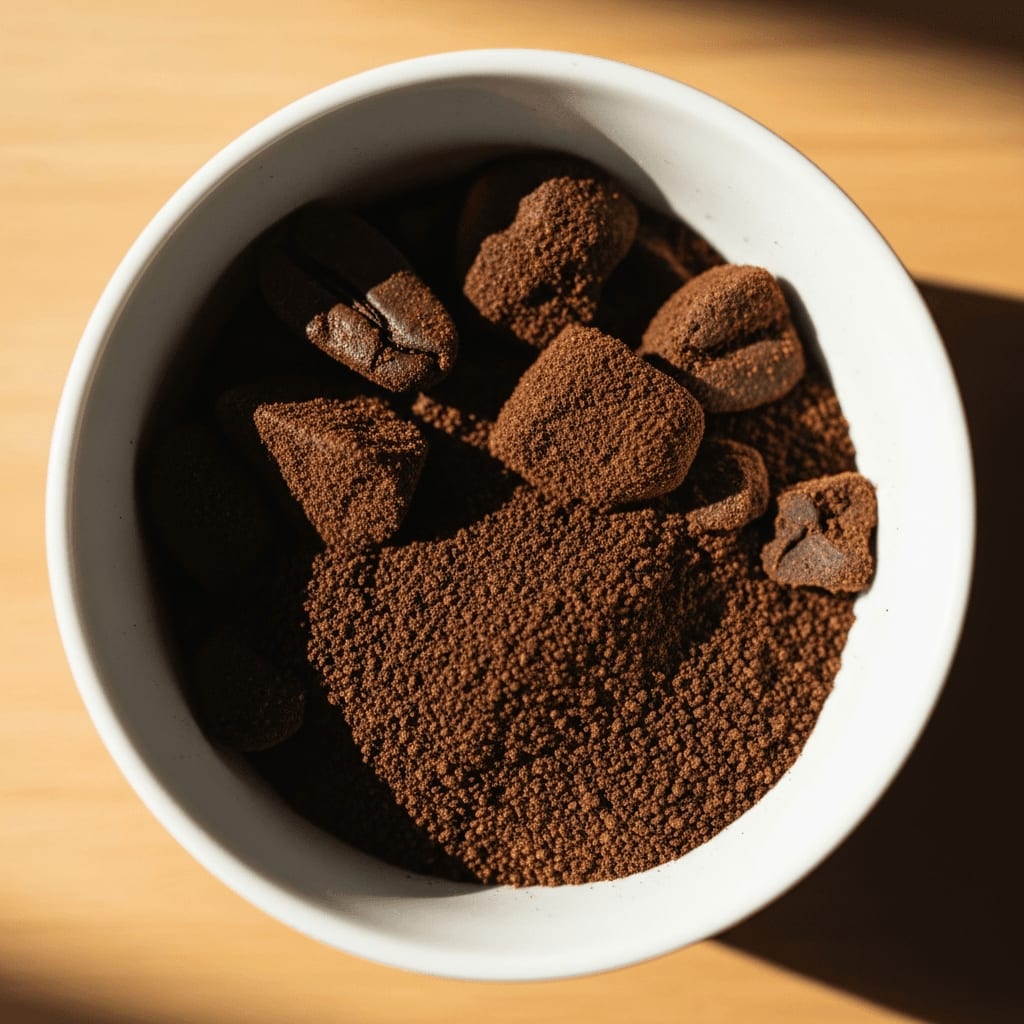 Ungleichmäßiges Kaffeemehl aus einem Schlagmessermehlwerk mit großen Stücken und feinem Staub in einer weißen Keramikschale.