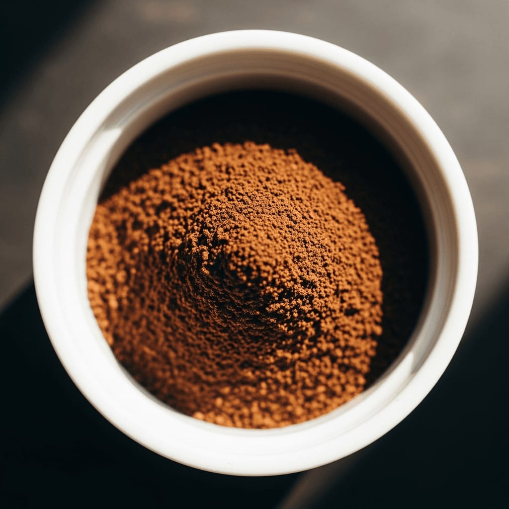 Fluffiges Kaffeemehl aus einem Kegelmahlwerk mit leicht unterschiedlichen Partikelgrößen in einer weißen Keramikschale.