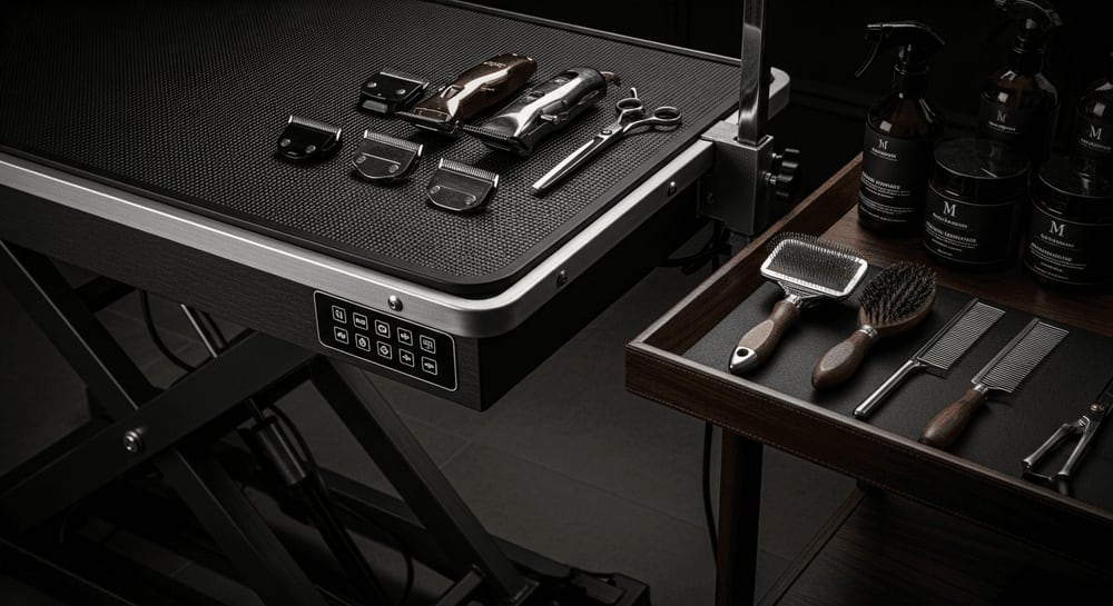 Die neuen Groom-X Tools 2025 im Test mit Hubtisch, leisem Blower und Schermaschinen im modernen Salon.