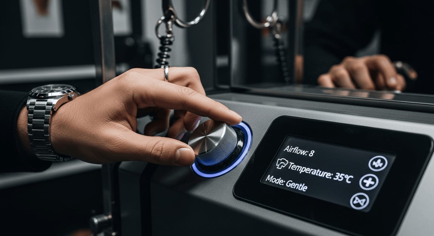 Detailansicht der neuen Groom-X Tools 2025 mit einem modernen Blower und digitalem Display im Hundesalon.