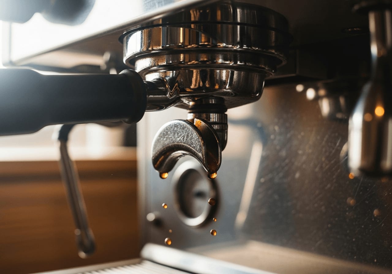 Erste Espressotropfen am bodenlosen Siebträger zeigen die perfekte Pre-Infusion für eine gleichmäßige Extraktion.